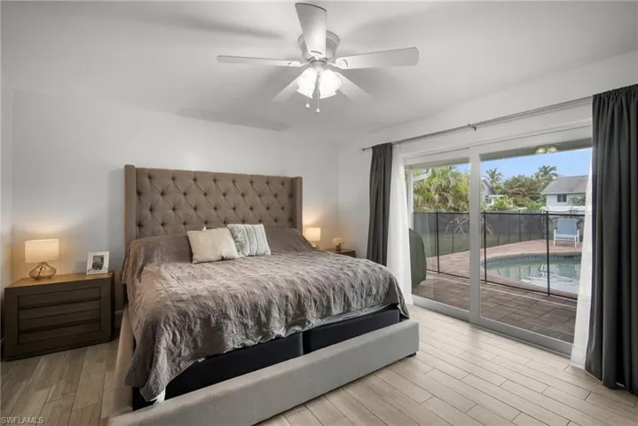 Bedroom featuring access to outside, light wood-type flooring, and ceiling fan