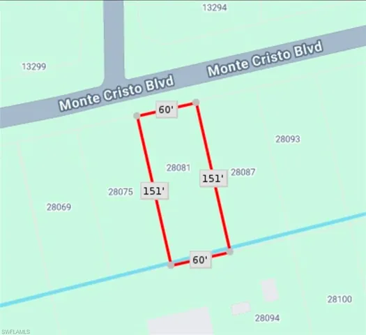 Survey Map. Outlining the property boundaries and dimensions along Monte Cristo Blvd