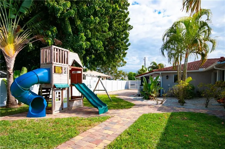 View of playground featuring a fenced backyard