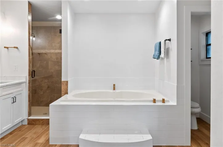 Bathroom with a garden tub, a shower stall, vanity, and light wood finished floors