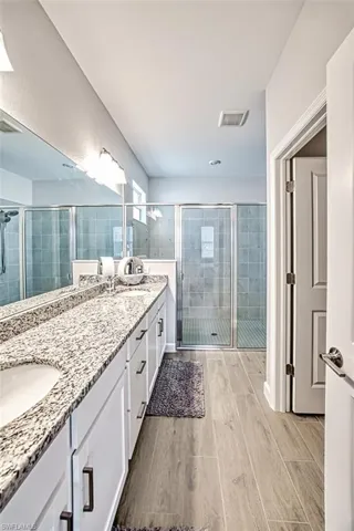 Bathroom with vanity and walk in shower