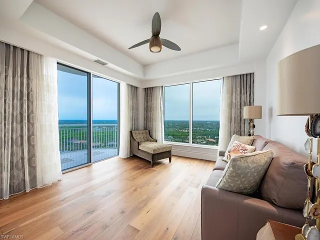 Living room featuring a raised ceiling, hardwood / wood-style flooring, and a ceiling fan