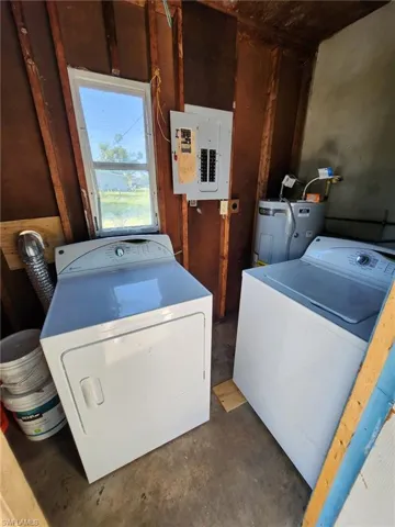Laundry area with washing machine and dryer and water heater