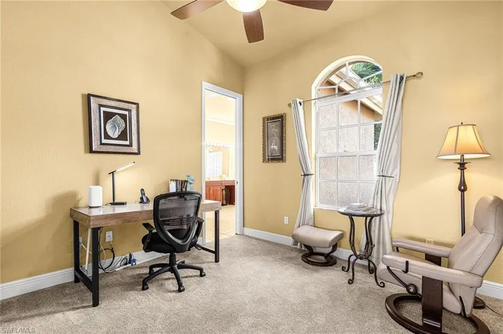 Carpeted office with desk and chair