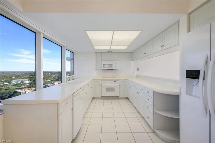 Kitchen featuring kitchen peninsula, white cabinetry, sink, and white appliances