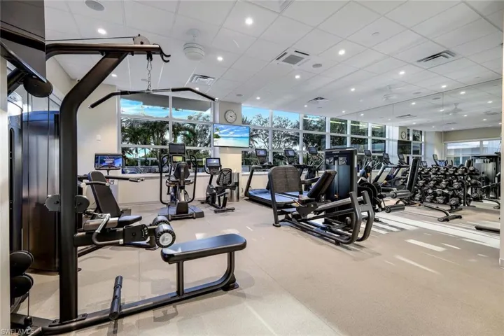 Gym featuring carpet, a paneled ceiling, and expansive windows