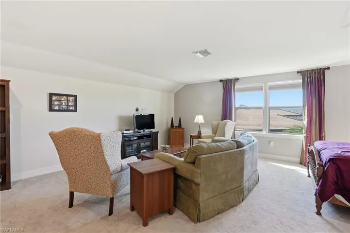 Living room featuring carpet floors and vaulted ceiling