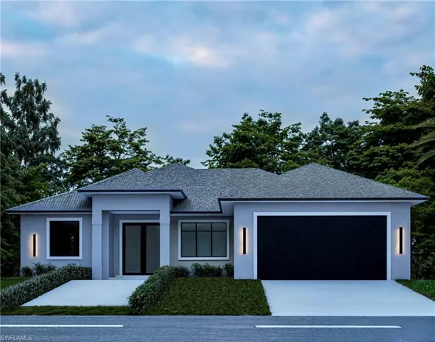 Contemporary exterior with a two-car garage, dual driveways, a covered entry, and modern exterior lighting fixtures