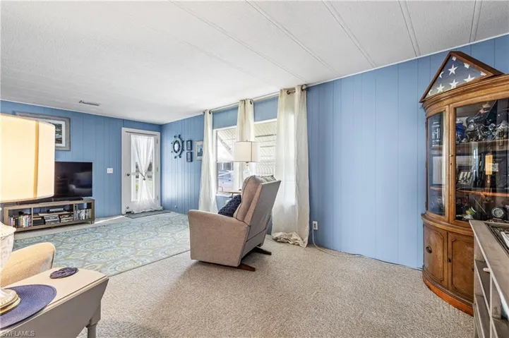 Carpeted living room featuring wood walls