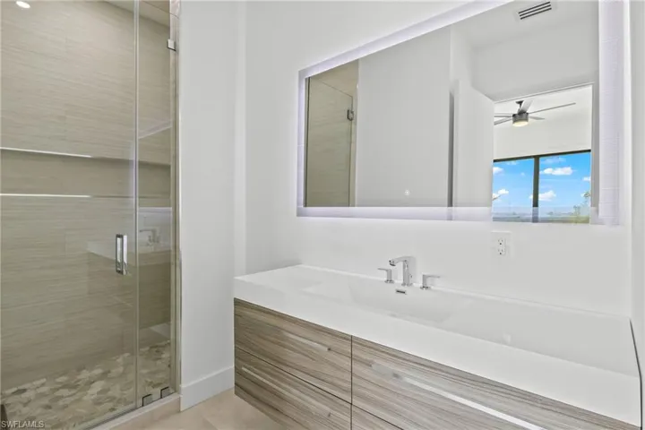 Full bathroom with a shower stall, vanity, and a ceiling fan