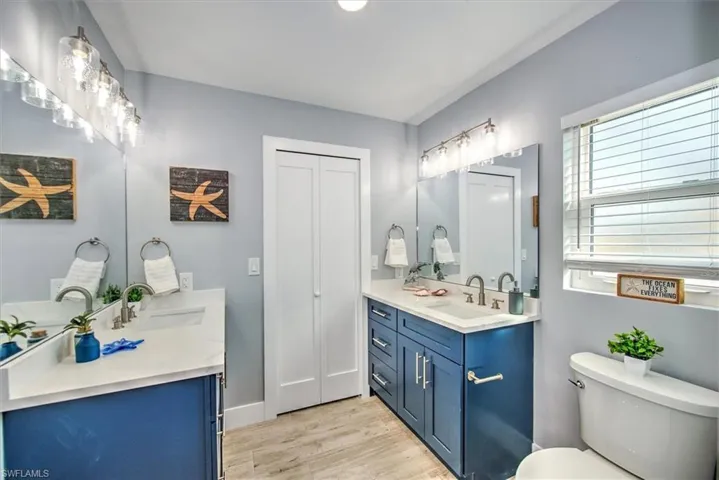 Bathroom featuring toilet, vanity, and wood-type flooring