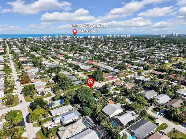 Aerial perspective highlighting a residential community with mature landscaping