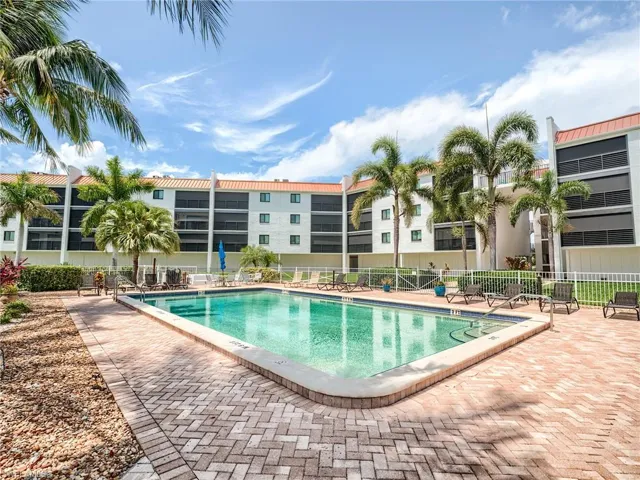View from the pool towards the building