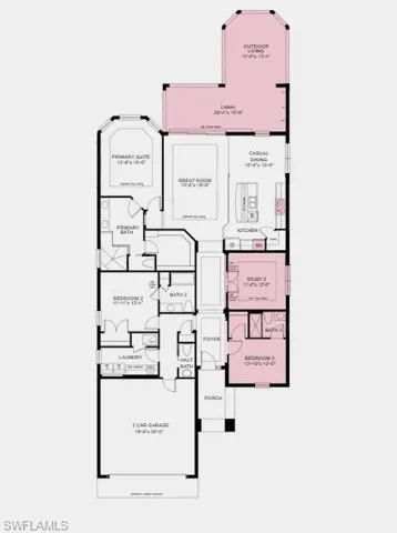 Structural options added include: Gourmet kitchen, study in place of formal dining, secondary bedroom and full bathroom in place of flex, pocket sliding glass door, tray ceiling at primary suite, study, and gathering room, covered lanai, and 4' garage extension.