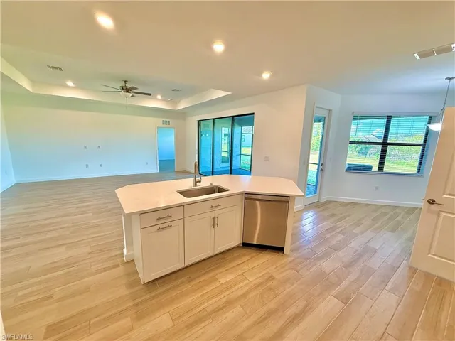 Kitchen with open floor plan, a tray ceiling, white cabinetry, recessed lighting, and stainless steel dishwasher