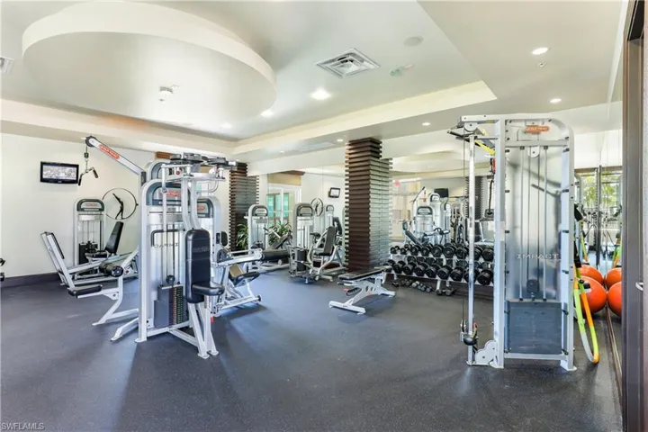 Gym featuring a healthy amount of sunlight and a tray ceiling