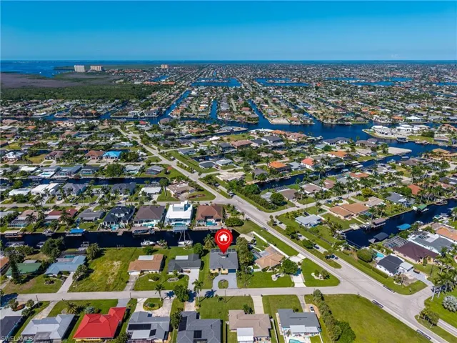 Aerial perspective showcasing a residential community with abundant canals