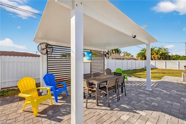 Fenced backyard with outdoor dining space and a patio