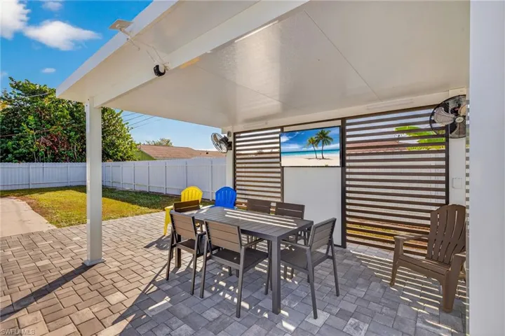 Fenced backyard featuring outdoor dining area and a patio area
