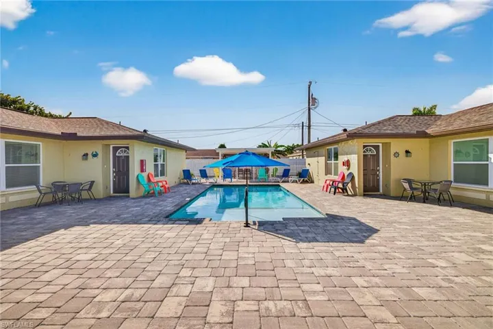 View of pool featuring a patio area and outdoor dining space