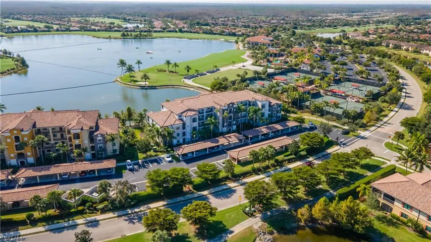 Aerial view of a large body of water and a golf club