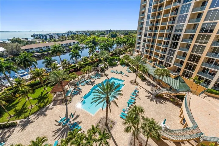 Community pool with a water view