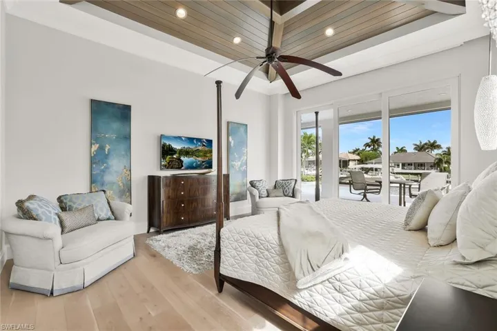 Bedroom with hardwood / wood-style flooring, wooden ceiling, access to exterior, recessed lighting, and ceiling fan