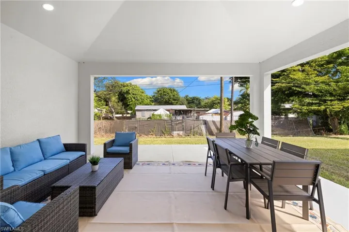 Spacious covered patio with recessed lighting