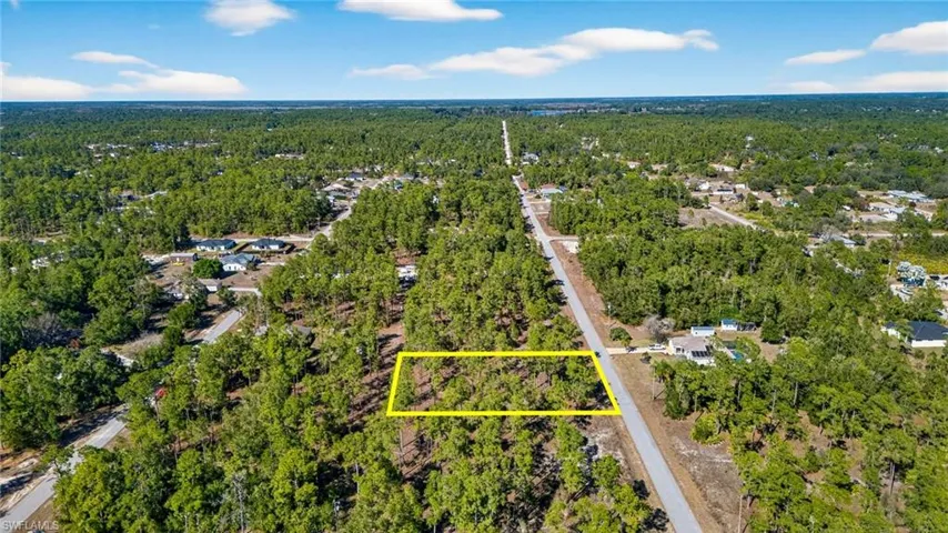 Aerial view of property and surrounding area featuring a forest and property boundaries highlighted