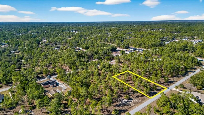 Aerial view of property and surrounding area featuring a forest and property boundaries highlighted