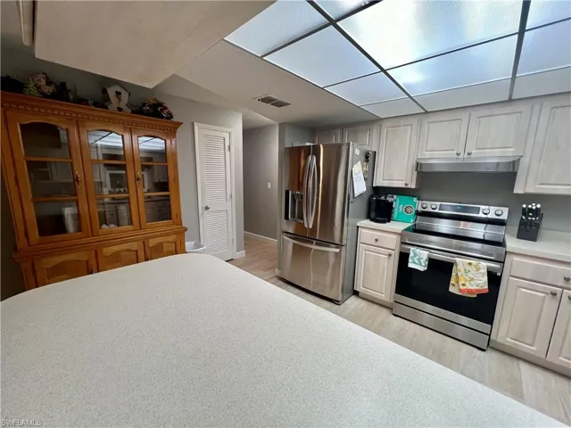 Kitchen featuring cabinets, stainless steel appliances, and luxury vinyl plank floors