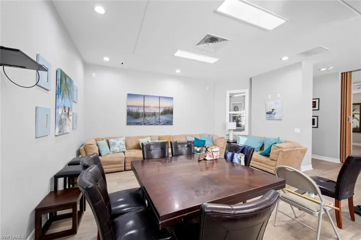 Dining space featuring baseboards, recessed lighting, light wood-style flooring, and visible vents