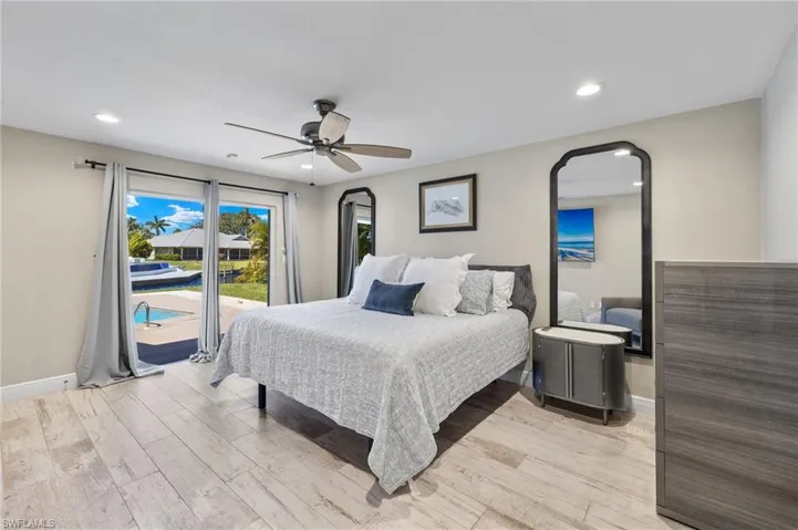 Bedroom featuring access to exterior, ceiling fan, and light wood-type flooring