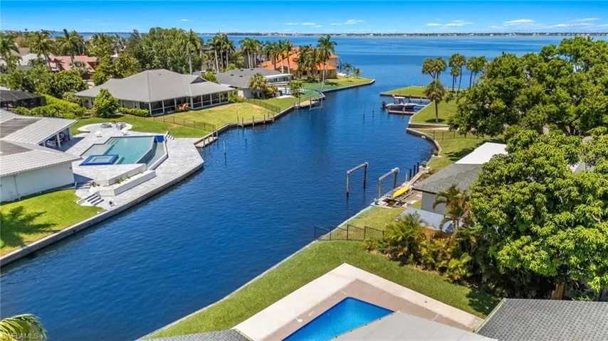 Birds eye view of property with a water view