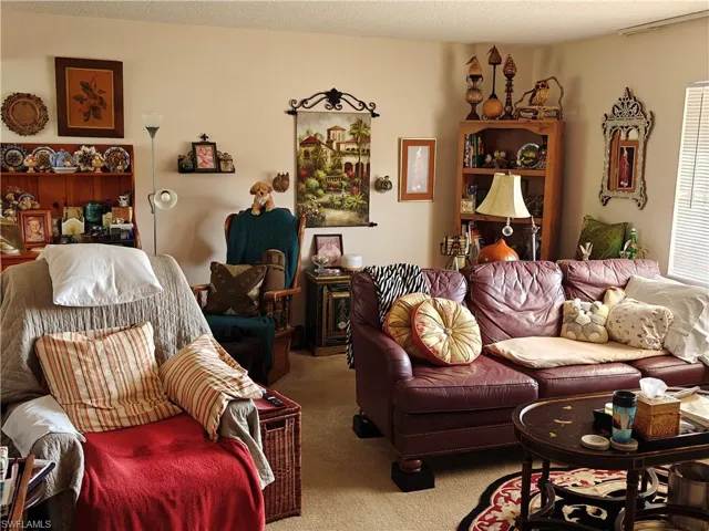 Living room with light colored carpet