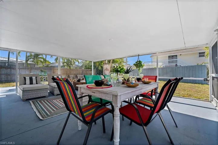 Fenced backyard with outdoor dining area and a patio area