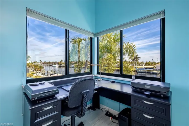 Office area featuring built in desk and a water view