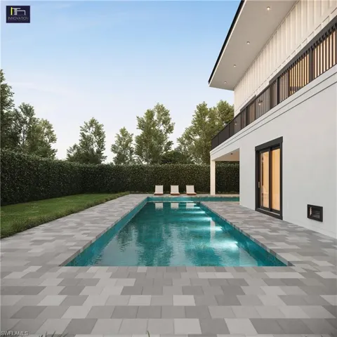 Rendering is a presentation of finished product. Pool design does not encroach under the house as shown in the renderings.