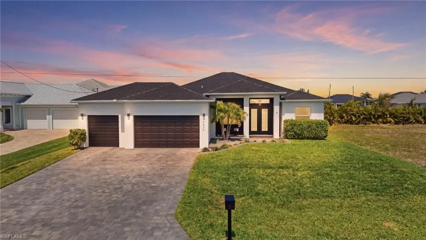 Front elevation at sunset