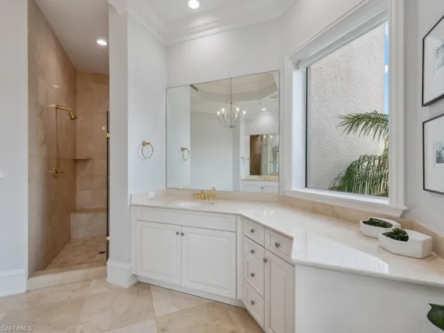 Bathroom featuring vanity, ornamental molding, tiled shower, and a wealth of natural light