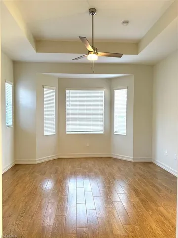 Unfurnished room featuring a raised ceiling, a ceiling fan, and light wood finished floors