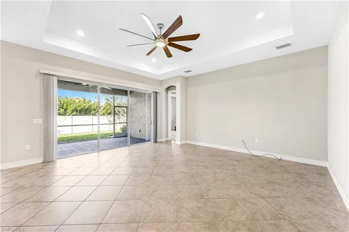 Large living area with diagonal set tile