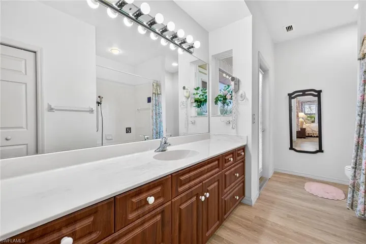 Full bathroom featuring vanity, light wood finished floors, and curtained shower