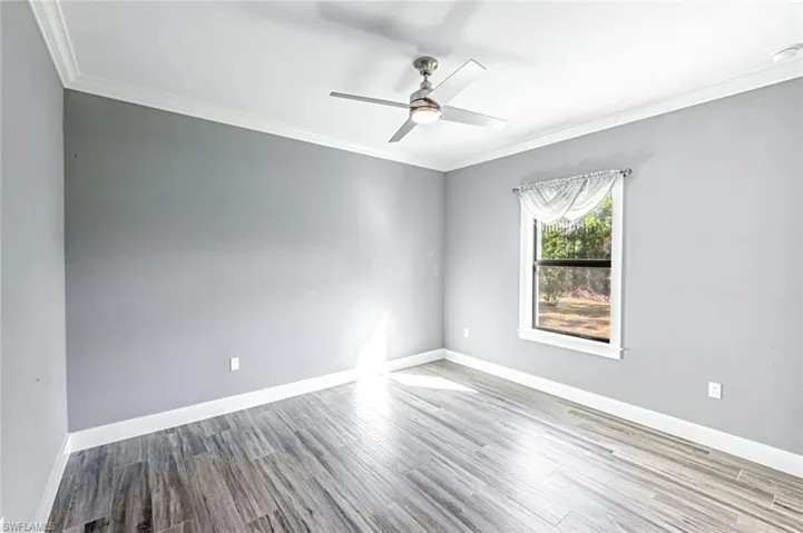 Unfurnished room with crown molding, light wood-type flooring, and a ceiling fan