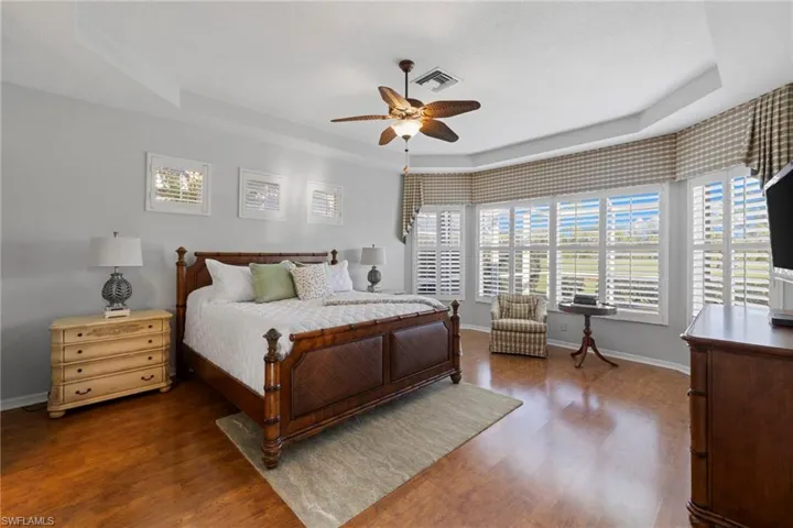 Bedroom with a tray ceiling, multiple windows, and wood finished floors