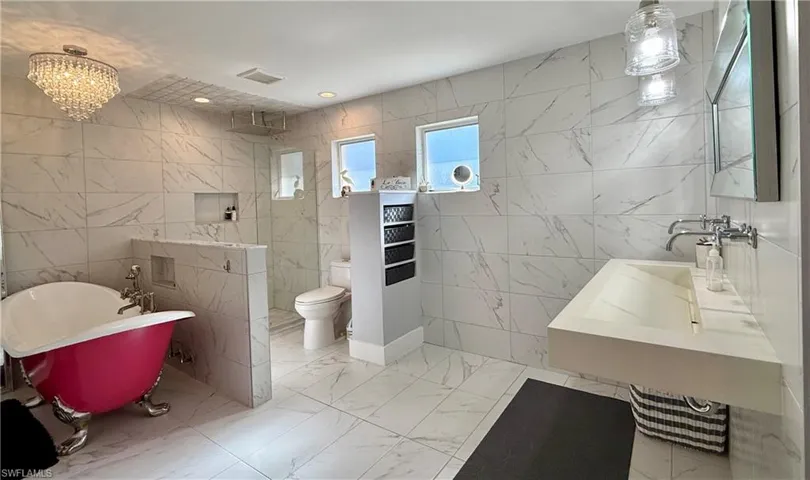 master bath, stand alone tub, shower, double floating sink