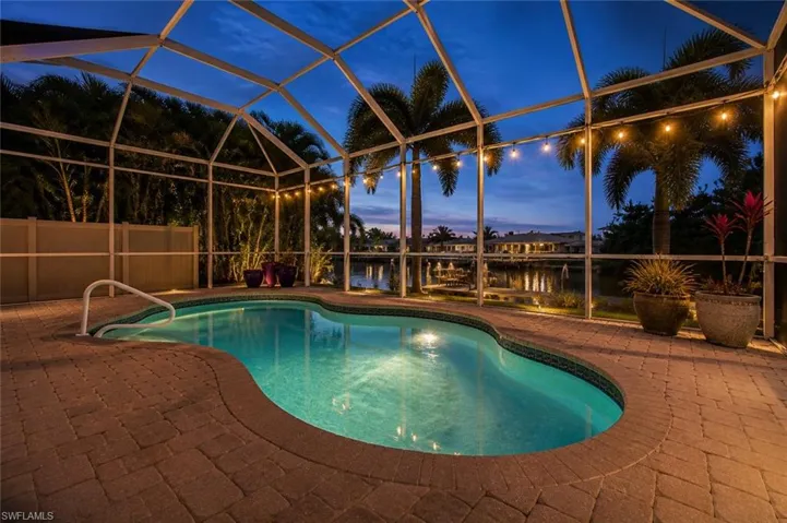 Freeform swimming pool with integrated entry handrail, surrounded by paver decking within a screened enclosure