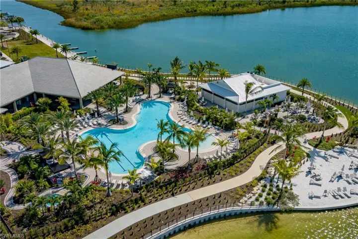 Aerial view of a large body of water and a pool