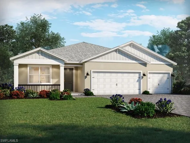View of front facade with a front lawn, decorative driveway, an attached garage, a shingled roof, and board and batten siding