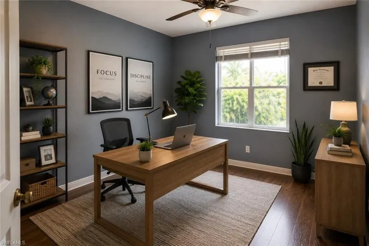 Room featuring wood-finish flooring, a ceiling fan with integrated lighting, and a large window with horizontal blinds